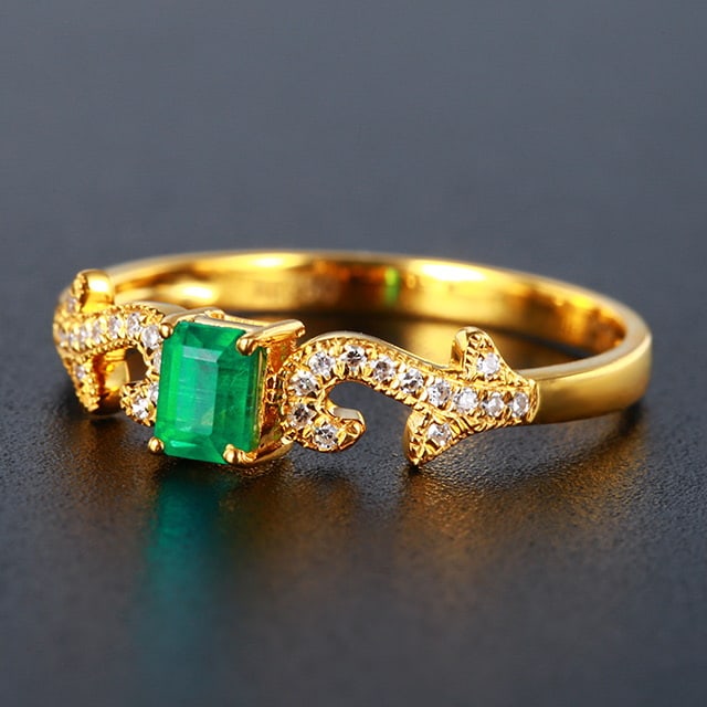 14k Gold 0.45 Ctw Vivid Green Natural Emerald & Diamond Ring - 2