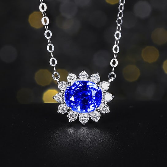 14k Gold 1.22 Ct Natural Sapphire & Diamond Necklace: Ref:230978169 // gold content:14k gold // main gemstone:sapphire // shape:oval // carat weight:1. 22ct // color:cornflower blue // treatment:natural // // adjacent gemstone 2 : diamond // shape:round