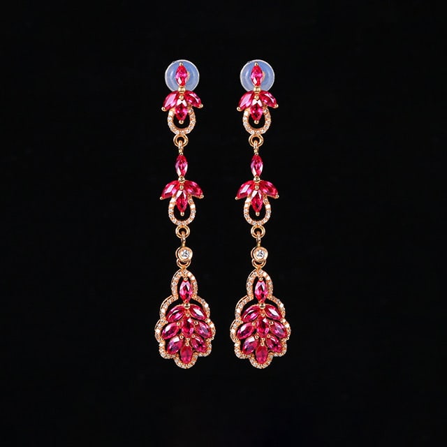 14k Gold 2.99 Ctw Natural Ruby & Diamond Earrings: Ref:230978225 // gold content:14k gold // main gemstone:ruby // shape:marquise // carat weight:2. 55ct // color:red // treatment:natural // // adjacent gemstone 2 : diamond // number of stones:142 //