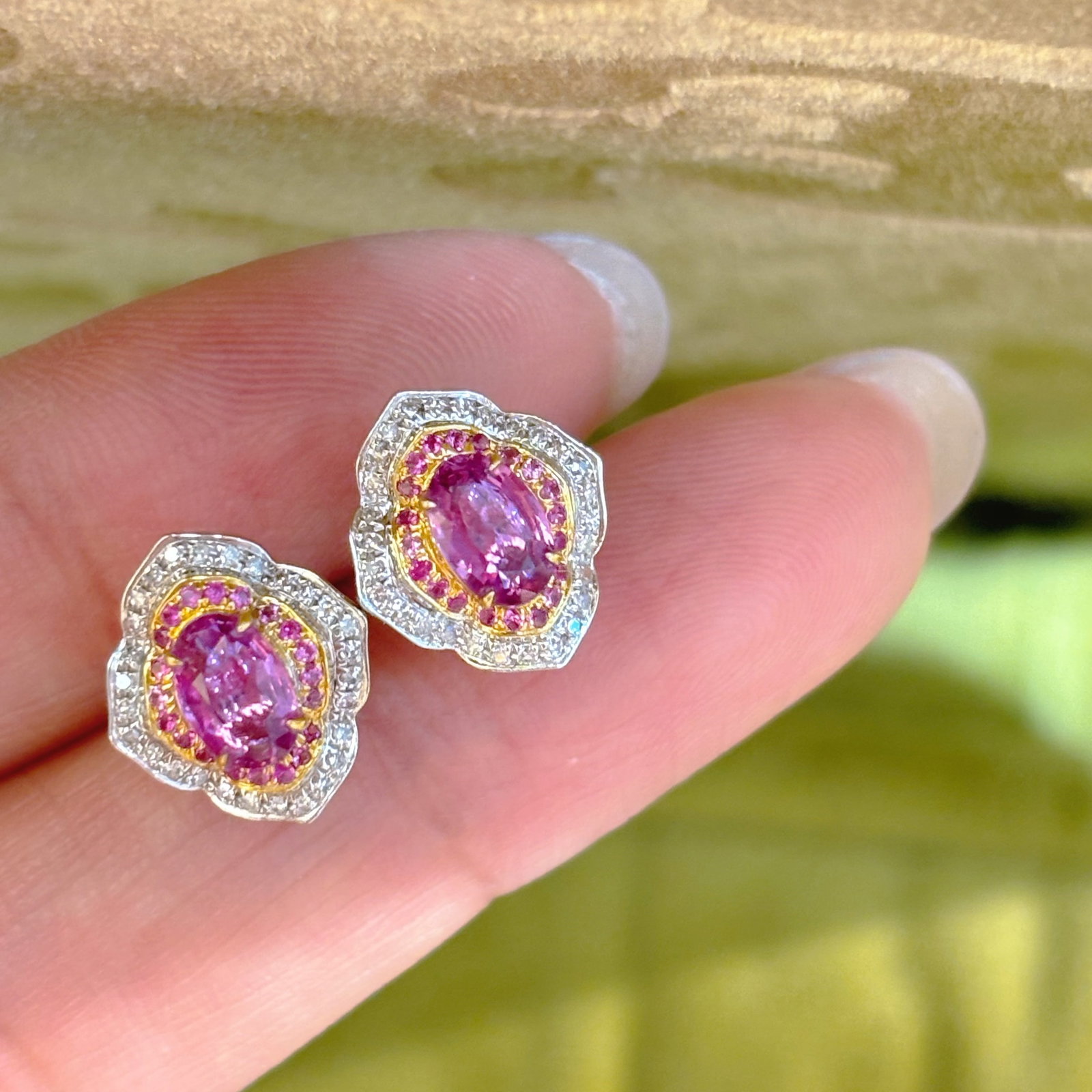 14k Gold 1 Ct Natural Padparadscha Sapphire & Diamond & Sapphire Earrings - 2