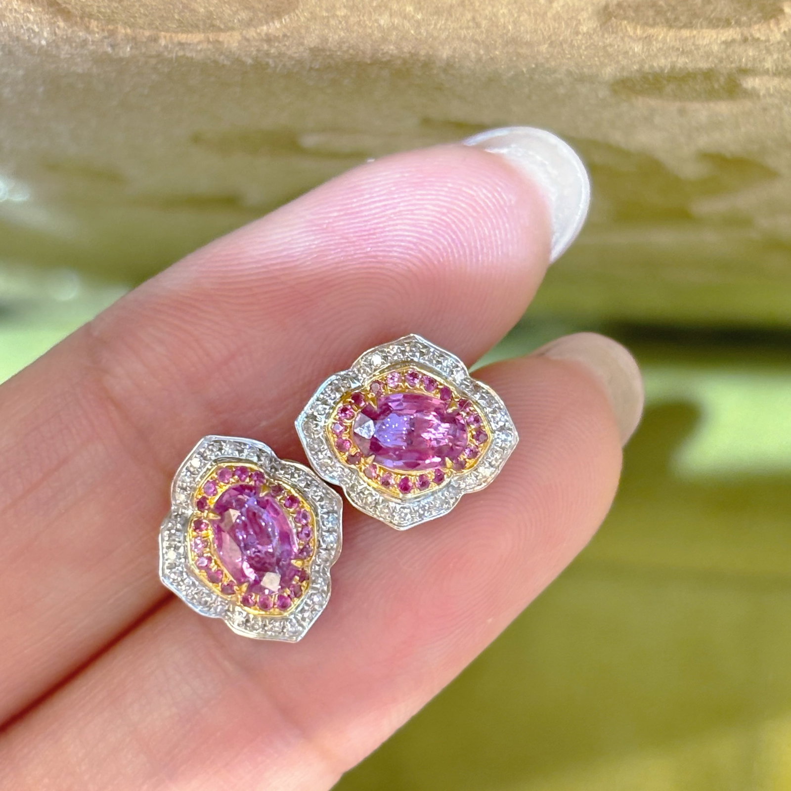 14k Gold 1 Ct Natural Padparadscha Sapphire & Diamond & Sapphire Earrings - 3