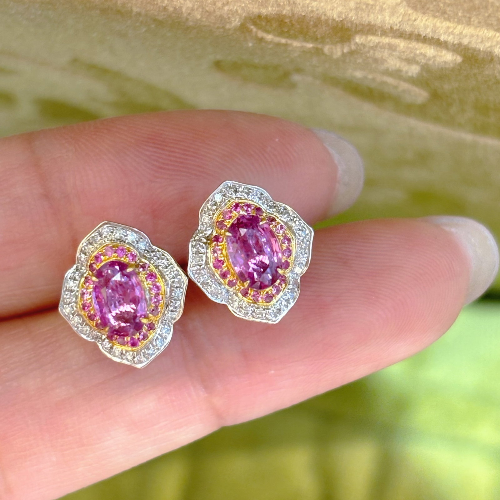 14k Gold 1 Ct Natural Padparadscha Sapphire & Diamond & Sapphire Earrings - 4