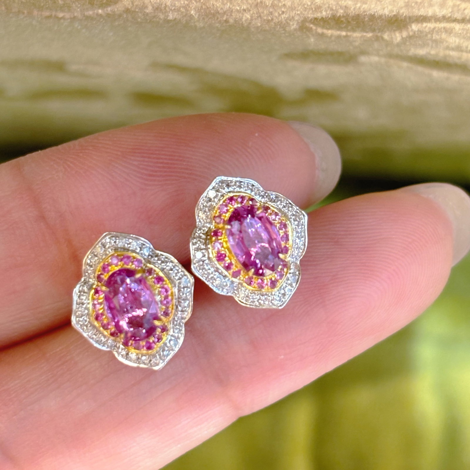 14k Gold 1 Ct Natural Padparadscha Sapphire & Diamond & Sapphire Earrings - 5