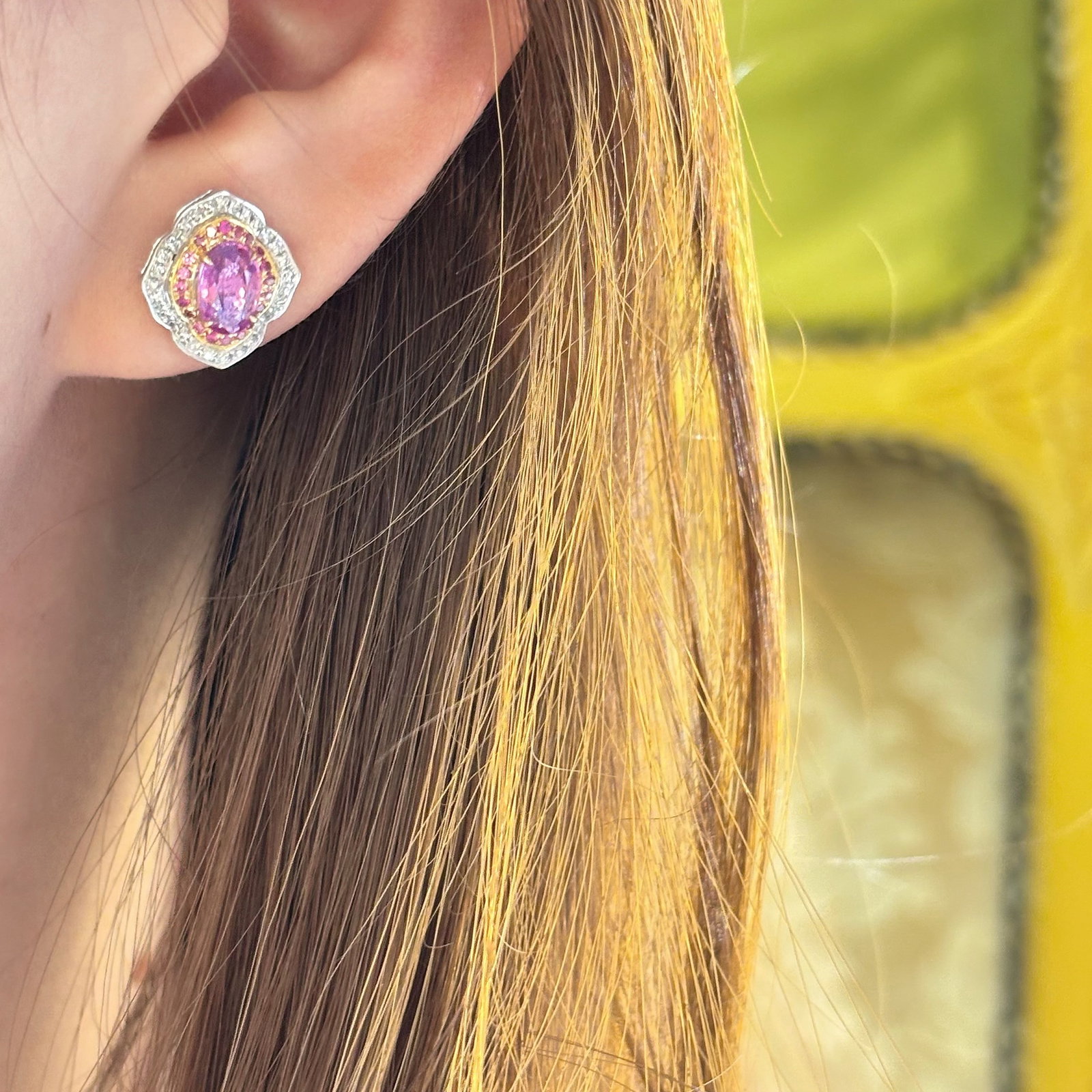 14k Gold 1 Ct Natural Padparadscha Sapphire & Diamond & Sapphire Earrings - 6
