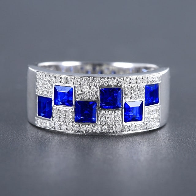 14k Gold 1.49 Ctw Natural Sapphire & Diamond Ring: Ref:230978248 // gold content:14k gold // ring size:7. 25us // // main gemstone:sapphire // shape:square // carat weight:1. 26ct // color:royal blue // treatment:natural // // adjacent gemstone 2 :