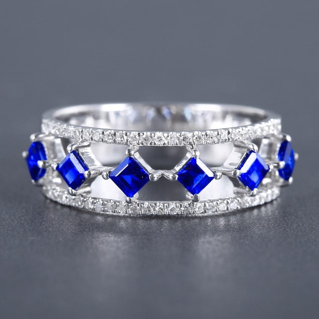 14k Gold 0.91 Ctw Natural Sapphire & Diamond Ring: Ref:230978256 // gold content:14k gold // ring size:7. 25us // // main gemstone:sapphire // shape:square // carat weight:0. 76ct // color:blue // treatment:natural // // adjacent gemstone 2 : diamond