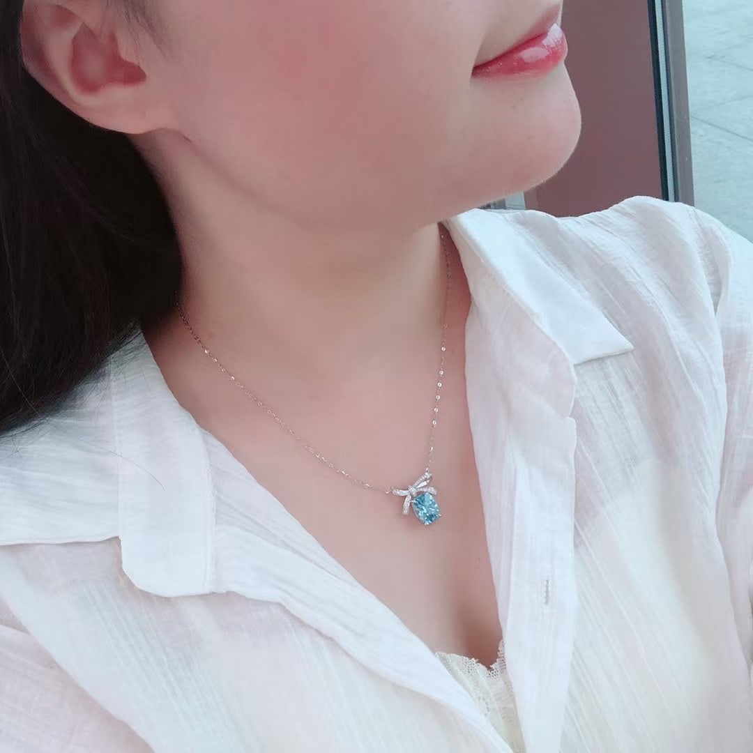 14k Gold 2.44 Ctw Natural Aquamarine & Diamond Necklace - 2