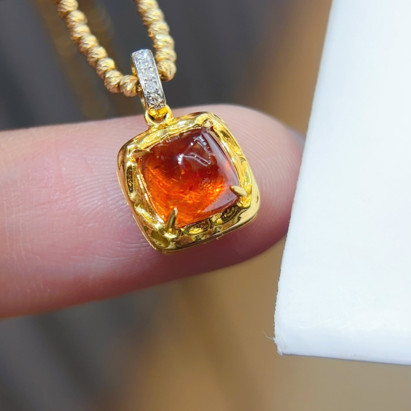 14k Gold 2 Ct Natural Spessartine & Diamond Pendant( Without Chain ) - 2