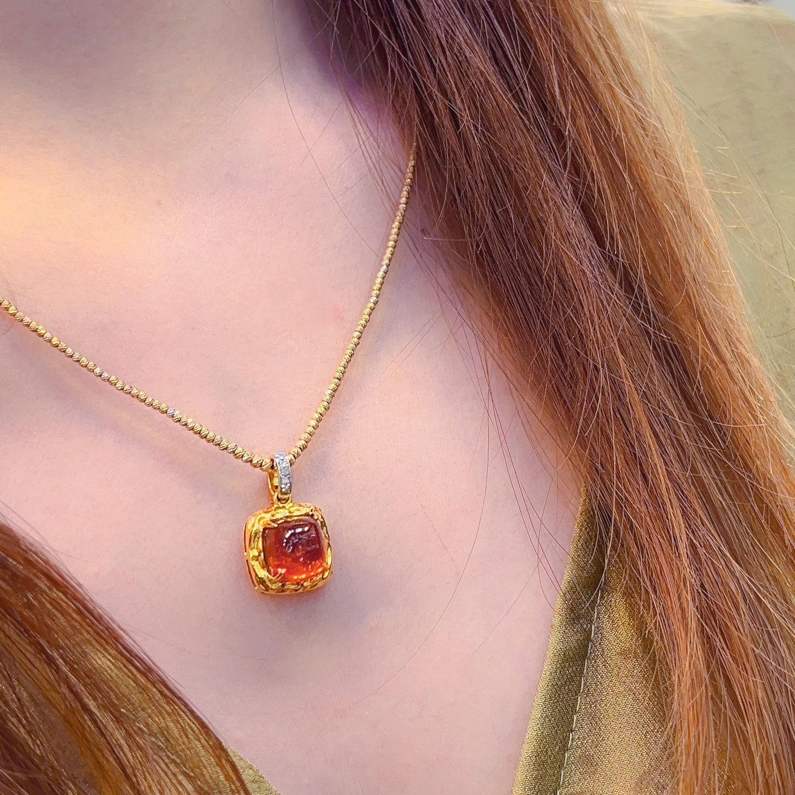 14k Gold 2 Ct Natural Spessartine & Diamond Pendant( Without Chain ) - 4