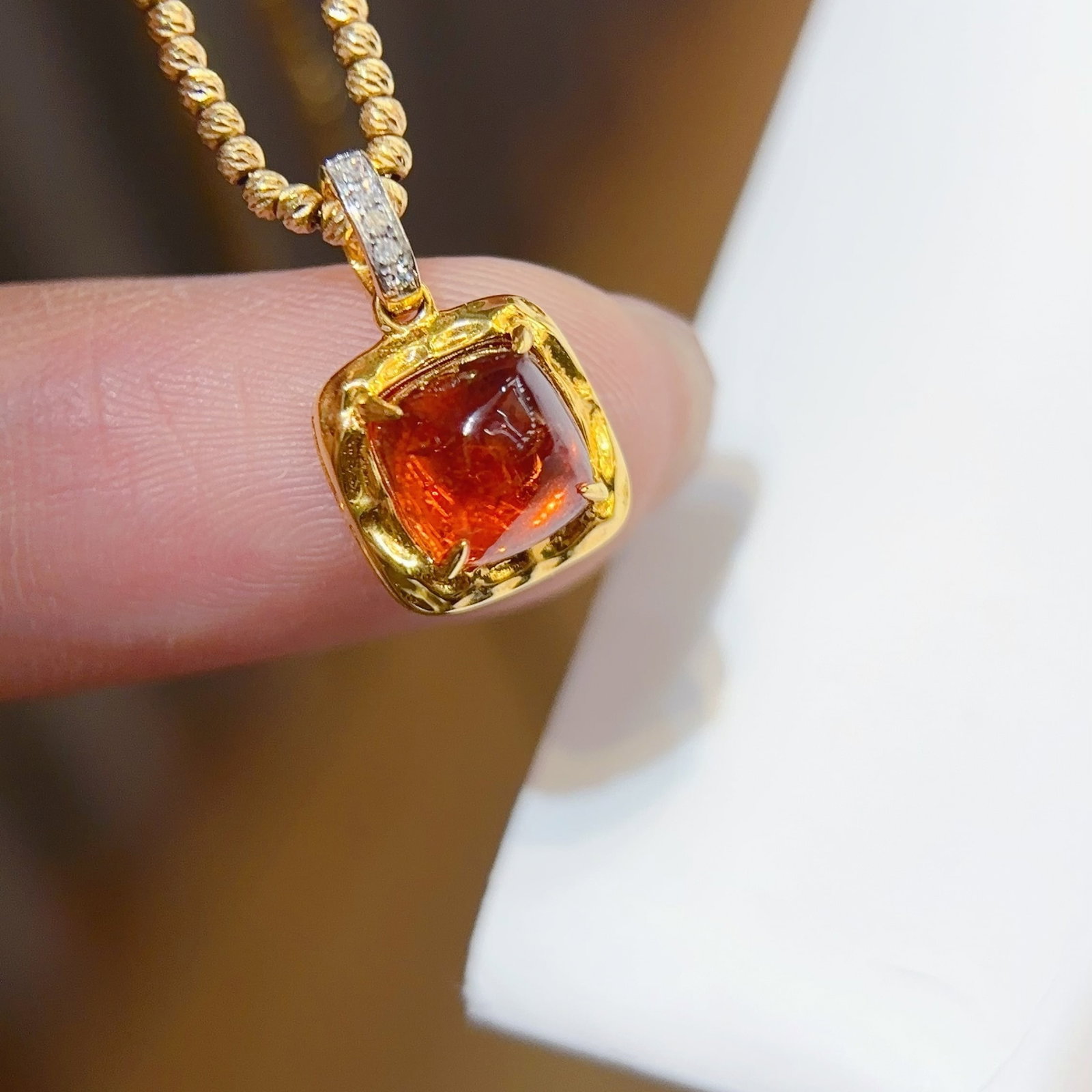 14k Gold 2 Ct Natural Spessartine & Diamond Pendant( Without Chain ) - 5