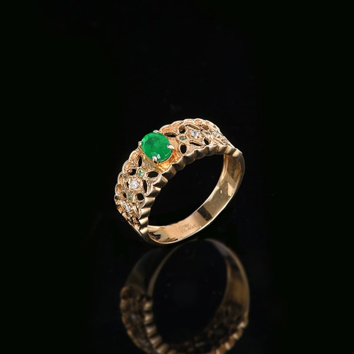 14k Gold 0.45 Ct Vivid Green Natural Emerald & Diamond Ring - 3