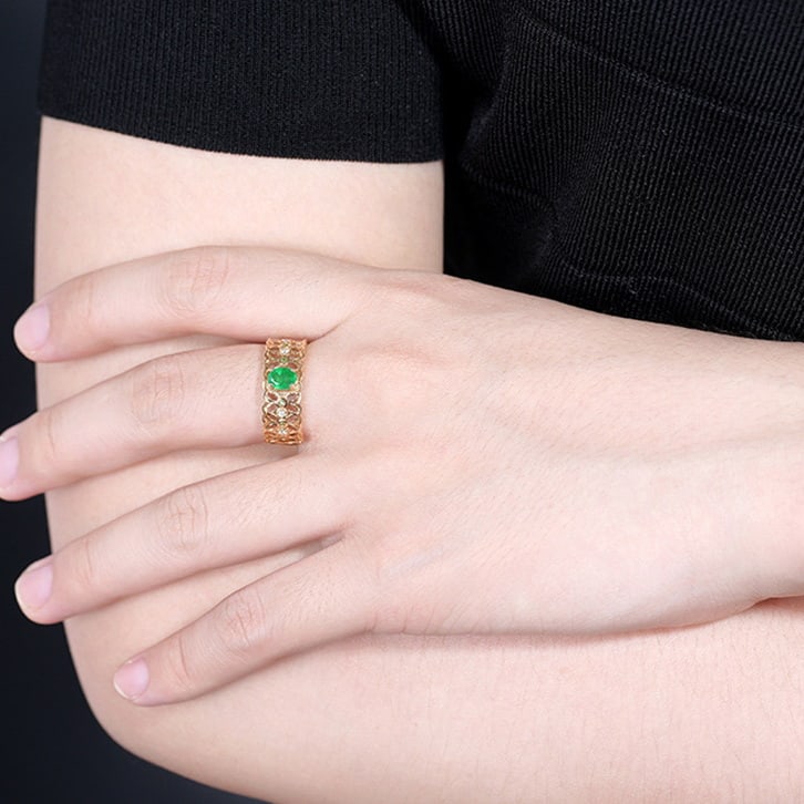 14k Gold 0.45 Ct Vivid Green Natural Emerald & Diamond Ring - 6