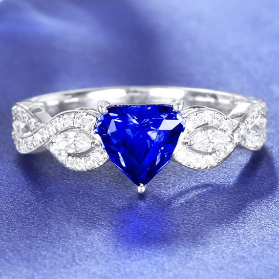 14k Gold 1.28 Ctw Natural Sapphire & Diamond Ring: Ref:230978314 // gold content:14k gold // ring size:7. 25us // // main gemstone:sapphire // shape:triangle // carat weight:1. 05ct // color:royal blue // treatment:natural // // adjacent gemstone 2 :