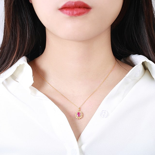 14k Gold 1.23 Ctw Natural Padparadscha Sapphire & Diamond Necklace - 6