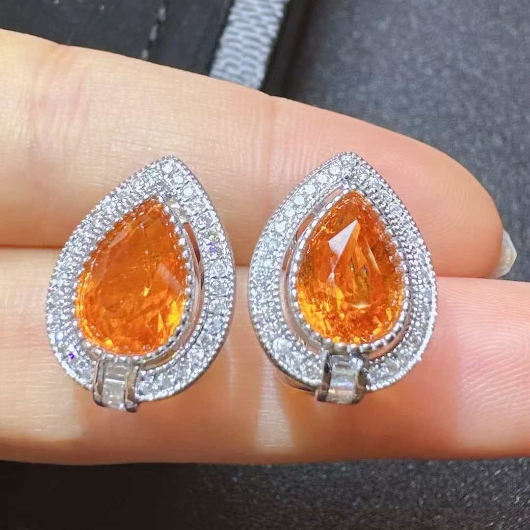 14k Gold 6.50 Ctw Natural Spessartine & Diamond Earrings - 2