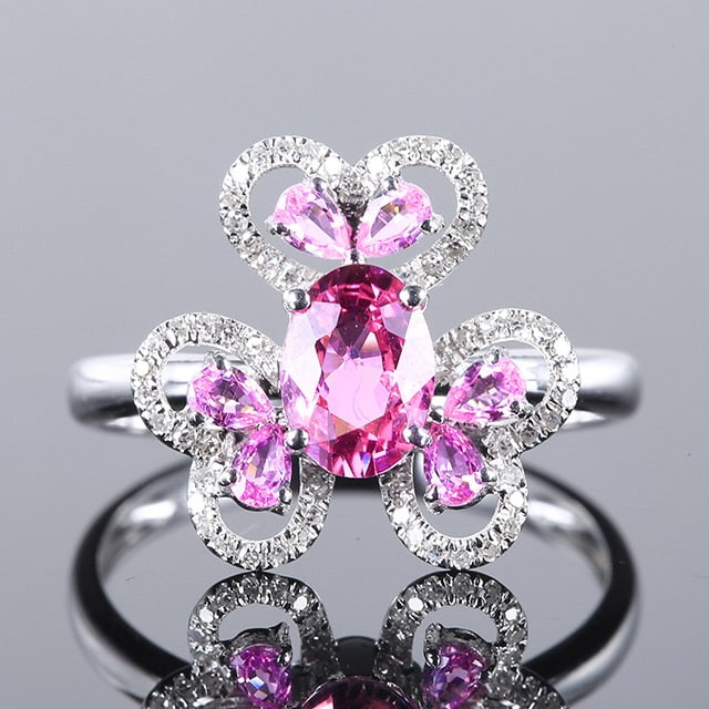 14k Gold 1.18 Ctw Natural Padparadscha Sapphire & Diamond Ring: Ref:230978406 // gold content:14k gold // ring size:7. 25us // // main gemstone:padparadscha sapphire // shape:oval // carat weight:1. 0ct // color:orangish pink // treatment:natural // // adjacent ge