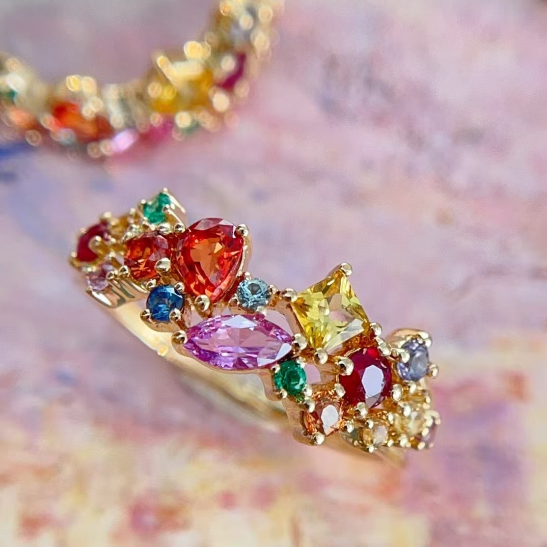 14k Gold 1.00 Ct Natural Sapphire & Ruby & Emerald Ring: Ref:230978423 // gold content:14k gold // ring size:7. 25us // // main gemstone:sapphire & ruby & emerald // shape:multiply // carat weight:1. 00ct // color:color // treatment:natural // Condition: