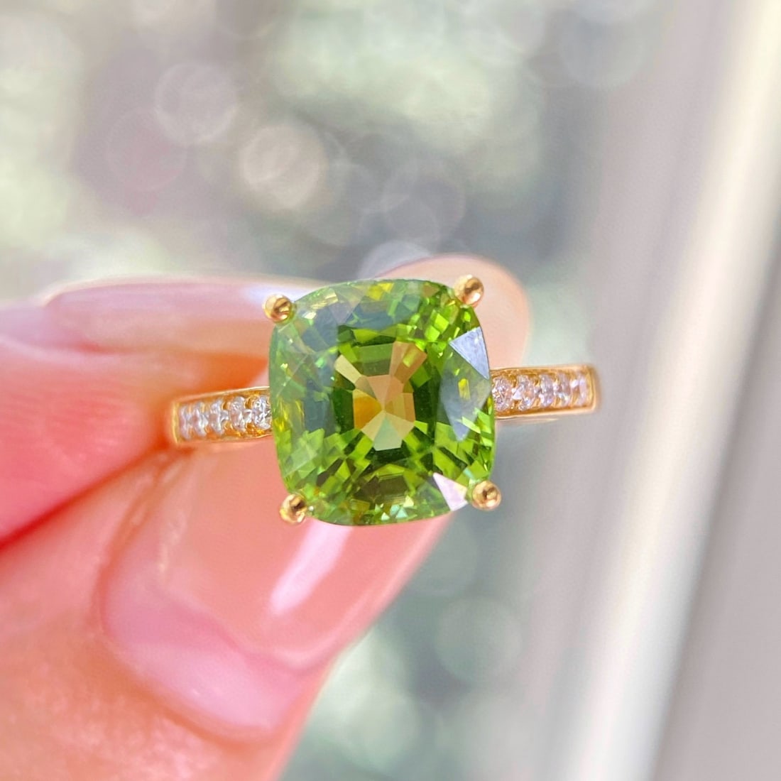 14k Gold 3.38 Ctw Natural Tourmaline & Diamond Ring: Ref:230978385 // gold content:14k gold // ring size:7. 25us // // main gemstone:tourmaline // shape:cushion // carat weight:3. 30ct // color:green // treatment:natural // // adjacent gemstone 2 : diam