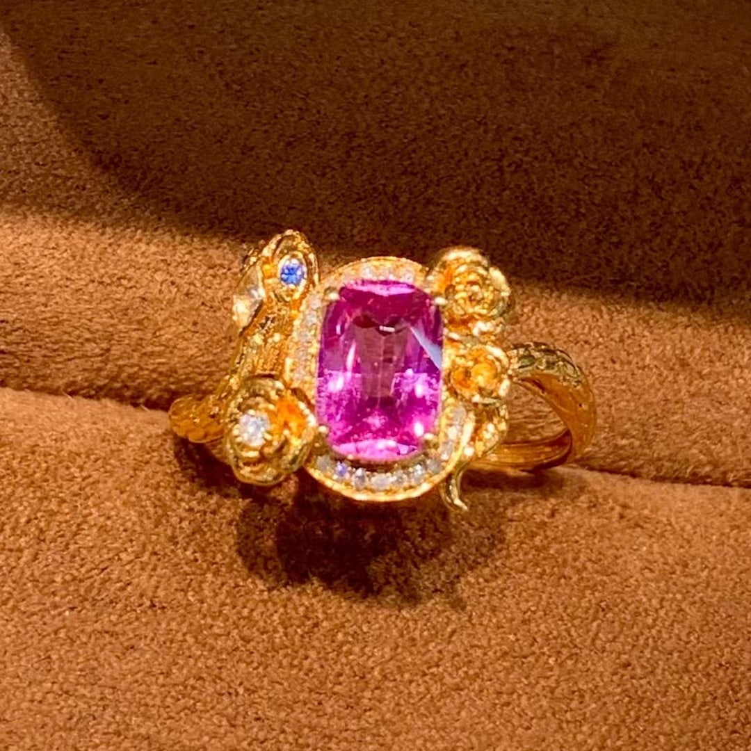 14k Gold 1.25 Ct Natural Sapphire & Diamond Ring: Ref:230978431 // gold content:14k gold // ring size:7. 25us // // main gemstone:sapphire // shape:cushion // carat weight:1. 25ct // color:pink // treatment:natural // // adjacent gemstone 2 :