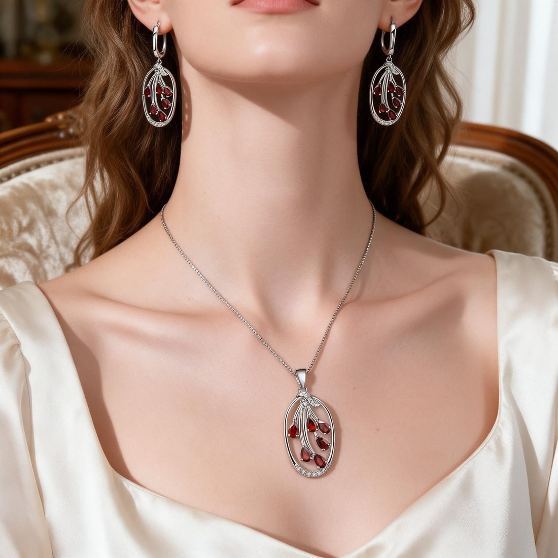 925 Sterling Silver Natural Garnet & Cubic Zirconia Jewelry Set: Ref:260820395 // gold content:925 sterling silver // main gemstone:garnet // shape:pear // carat weight: // color:red // treatment:natural // // adjacent gemstone 2 : cubic zirconia // shape:round // 