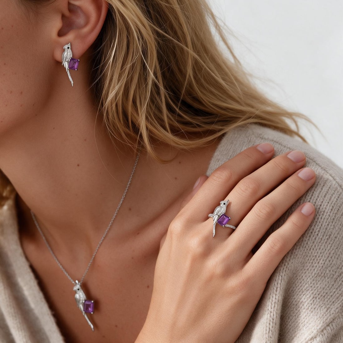 925 Sterling Silver Natural Amethyst Jewelry Set - 8