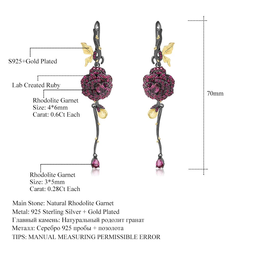 925 Sterling Silver Natural Rhodolite Garnet & Lab Created Ruby & Flowers Earrings - 3