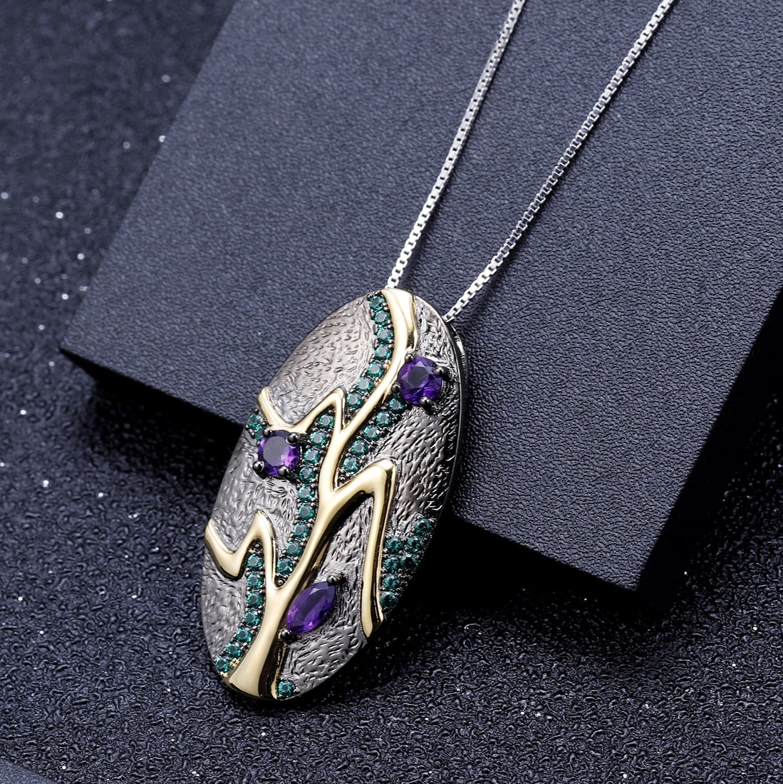 925 Sterling Silver Natural Amethyst & Nano Emerald Necklace - 3