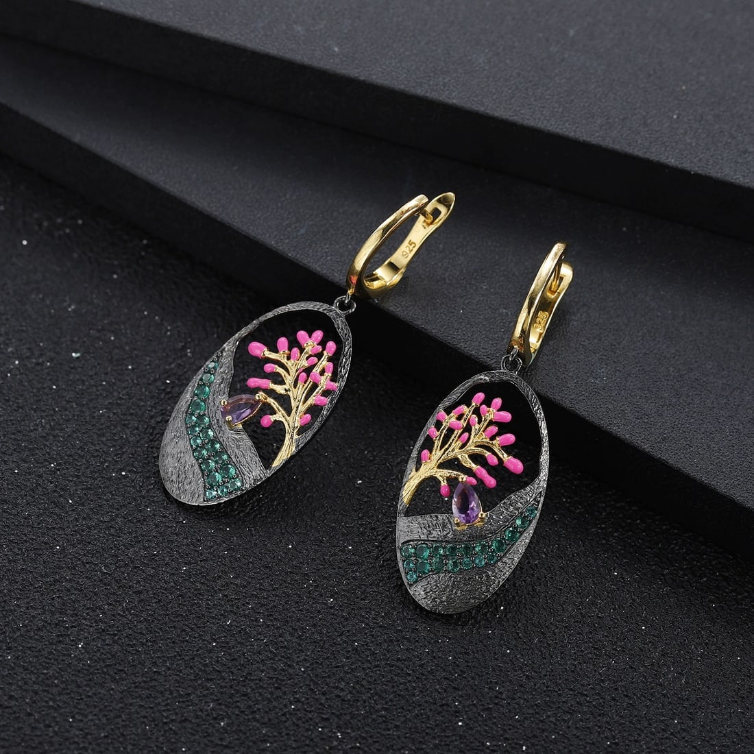 925 Sterling Silver Natural Amethyst & Nano Emerald Earrings - 4