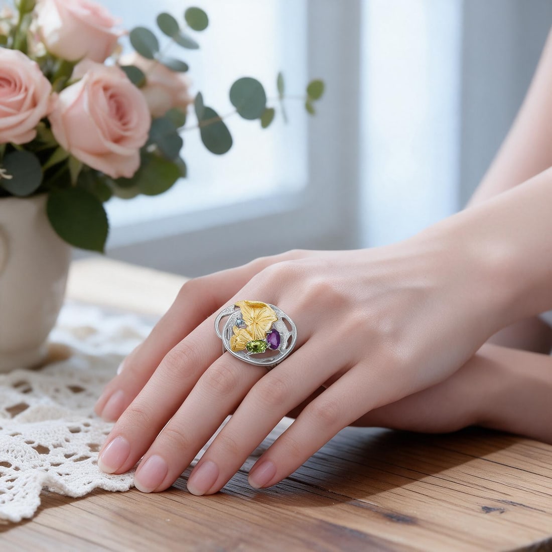 925 Sterling Silver Natural Amethyst & Peridot & Topaz Ring: Ref:260821167 // gold content:925 sterling silver // ring size:7us // // main gemstone:amethyst // shape:oval // carat weight: // color:purple // treatment:natural // // adjacent gemstone 2 : peridot 