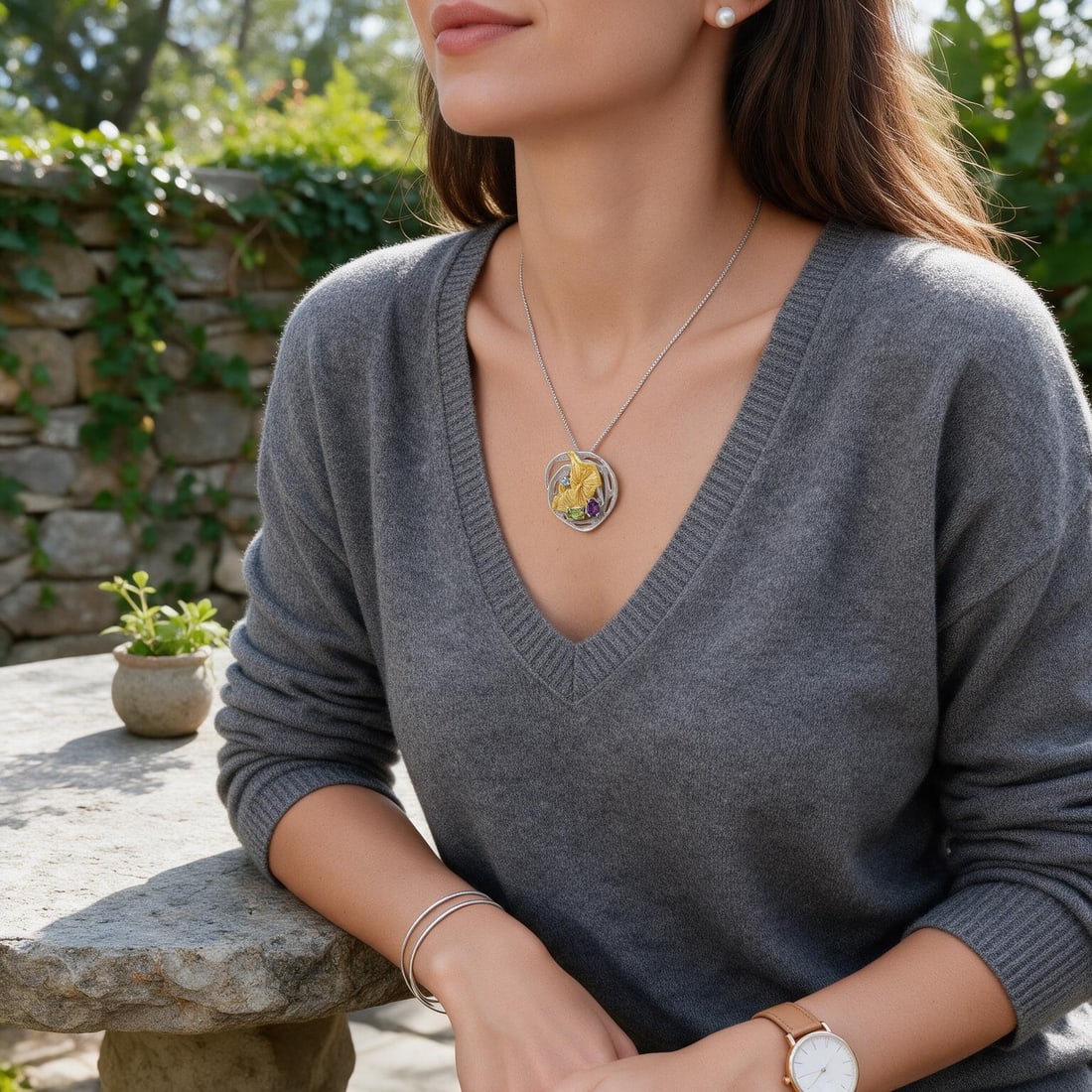 925 Sterling Silver Natural Amethyst & Peridot & Topaz Necklace: Ref:260821193 // gold content:925 sterling silver // main gemstone:amethyst // shape:oval // carat weight: // color:purple // treatment:natural // // adjacent gemstone 2 : peridot // shape:oval // col