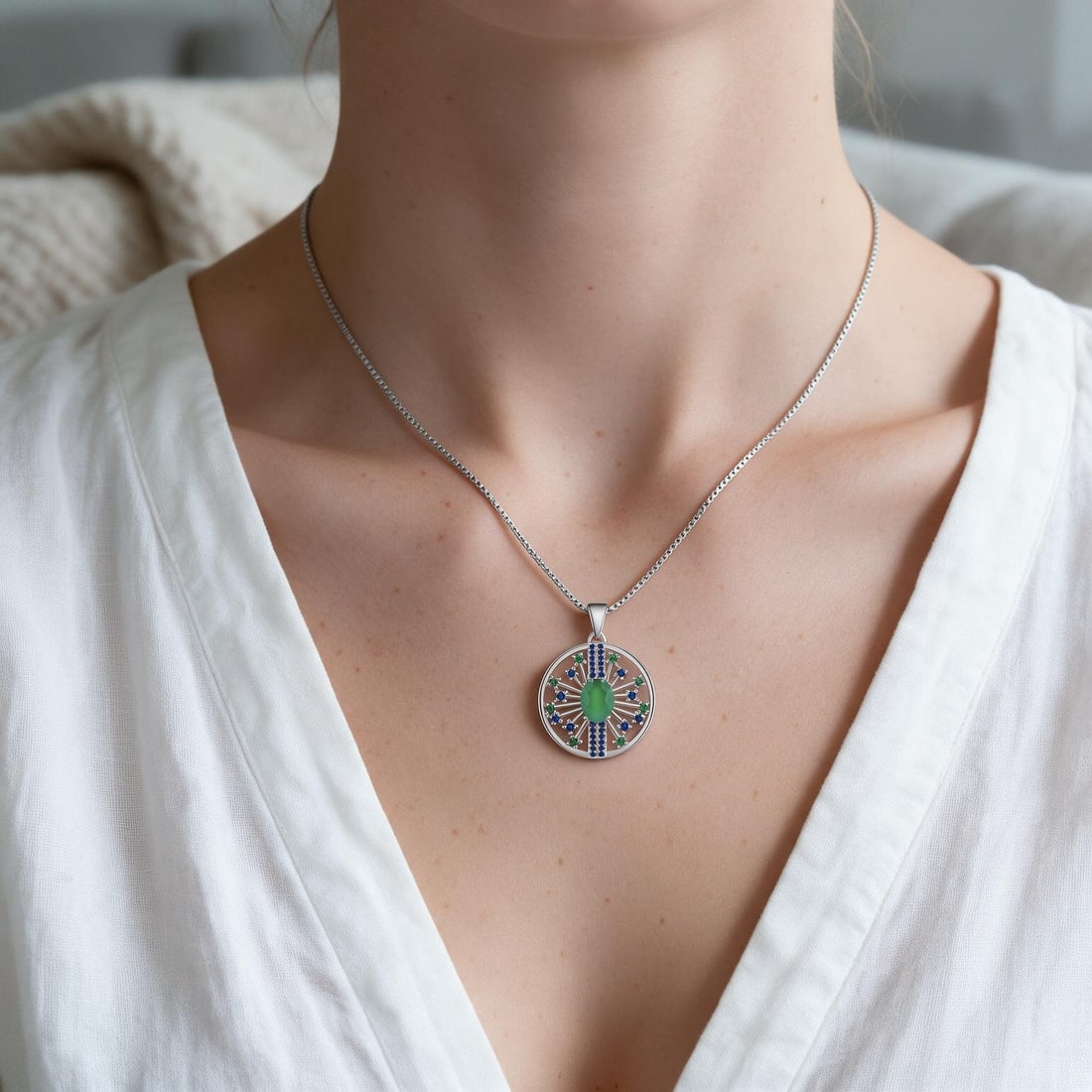 925 Sterling Silver Natural Agate & Nano Sapphire & Nano Emerald Necklace - 6