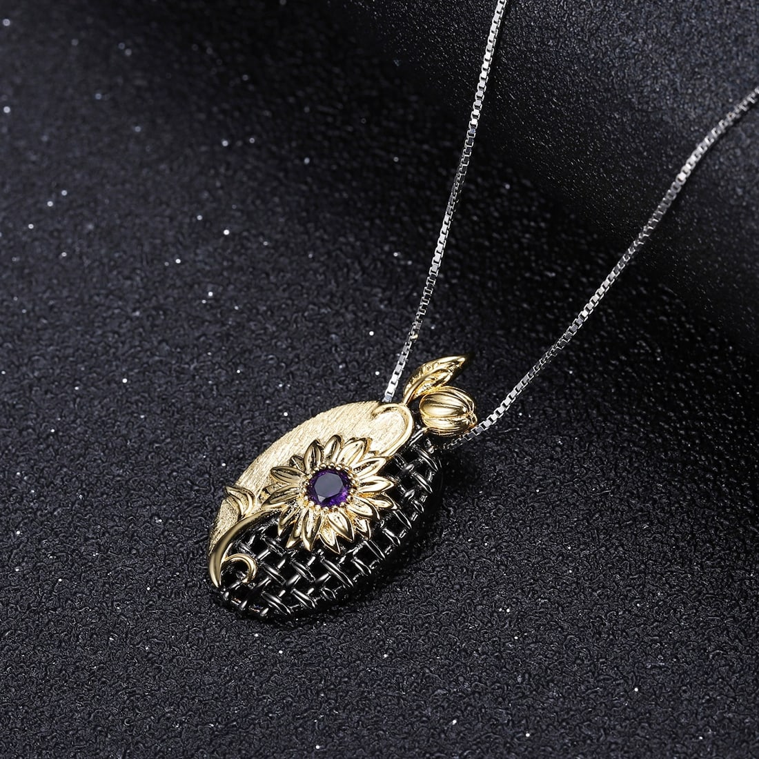 925 Sterling Silver Natural Amethyst & Flowers Necklace - 4