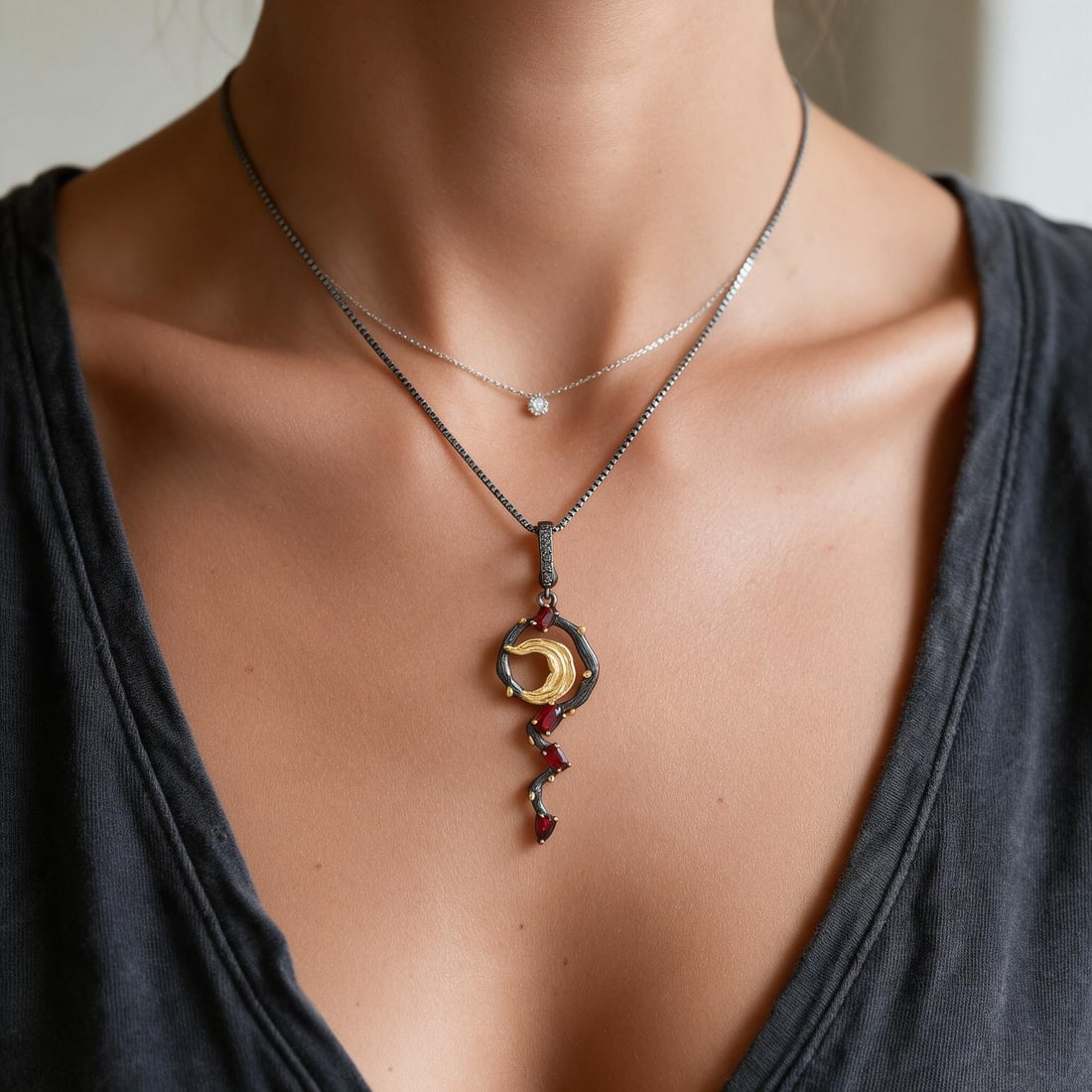 925 Sterling Silver Natural Garnet Necklace - 6