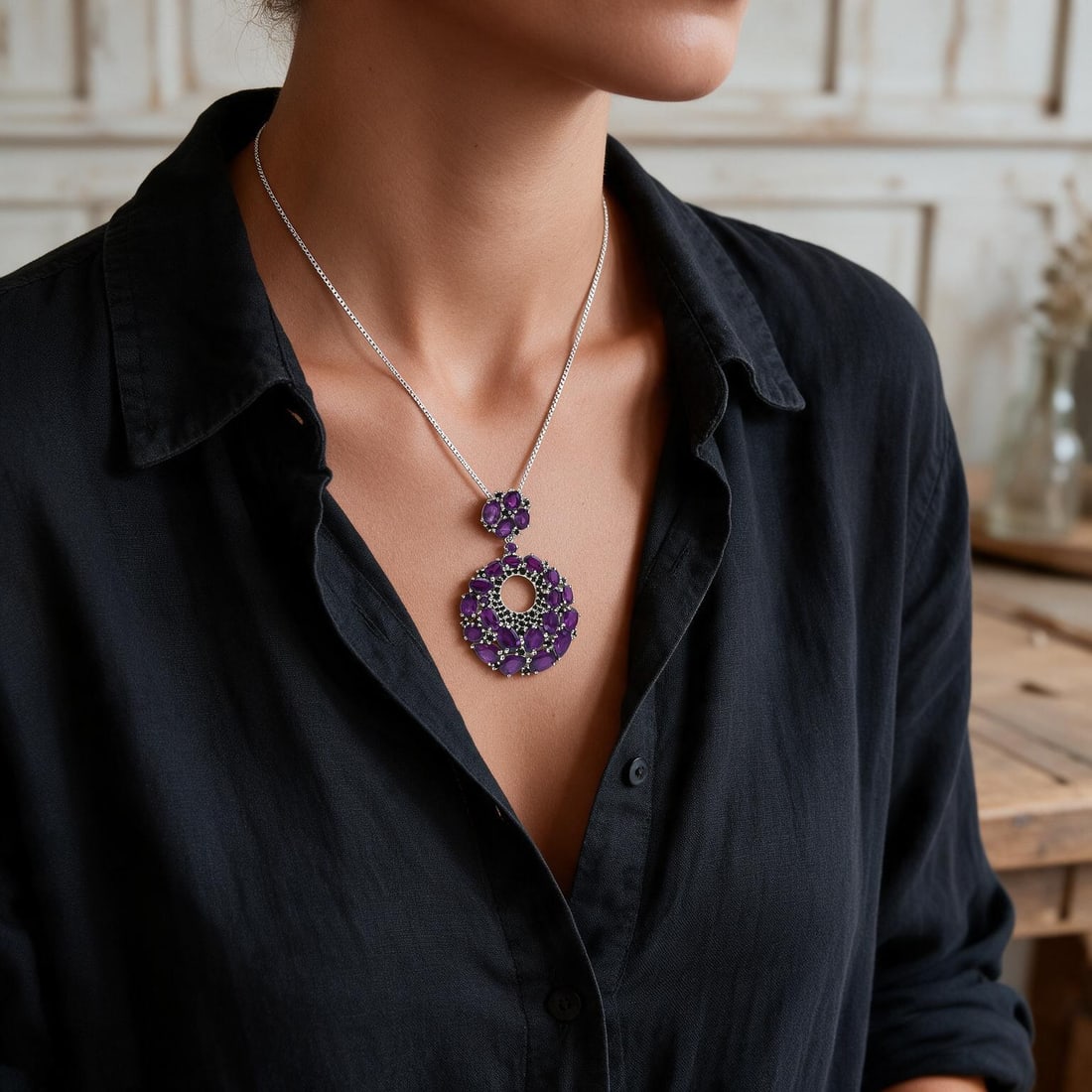 925 Sterling Silver Natural Amethyst Necklace: Ref:260821229 // gold content:925 sterling silver // main gemstone:amethyst // shape:multiple // carat weight: // color:purple // treatment:natural // Condition: New Low Estimate: 580.00 High