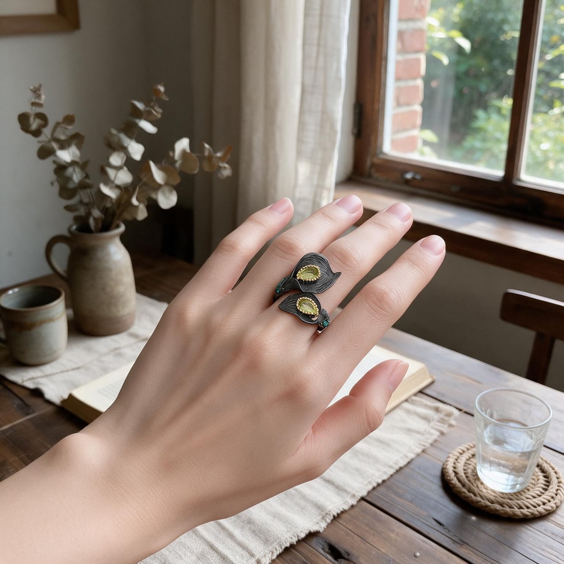 925 Sterling Silver 1.24 Ct Natural Peridot & Nano Emerald Ring: Ref:260821244 // gold content:925 sterling silver // ring size:7us // // main gemstone:peridot // number of stones:2 // shape:pear // carat weight:1. 24ct // color:green // treatment:natural // // adj