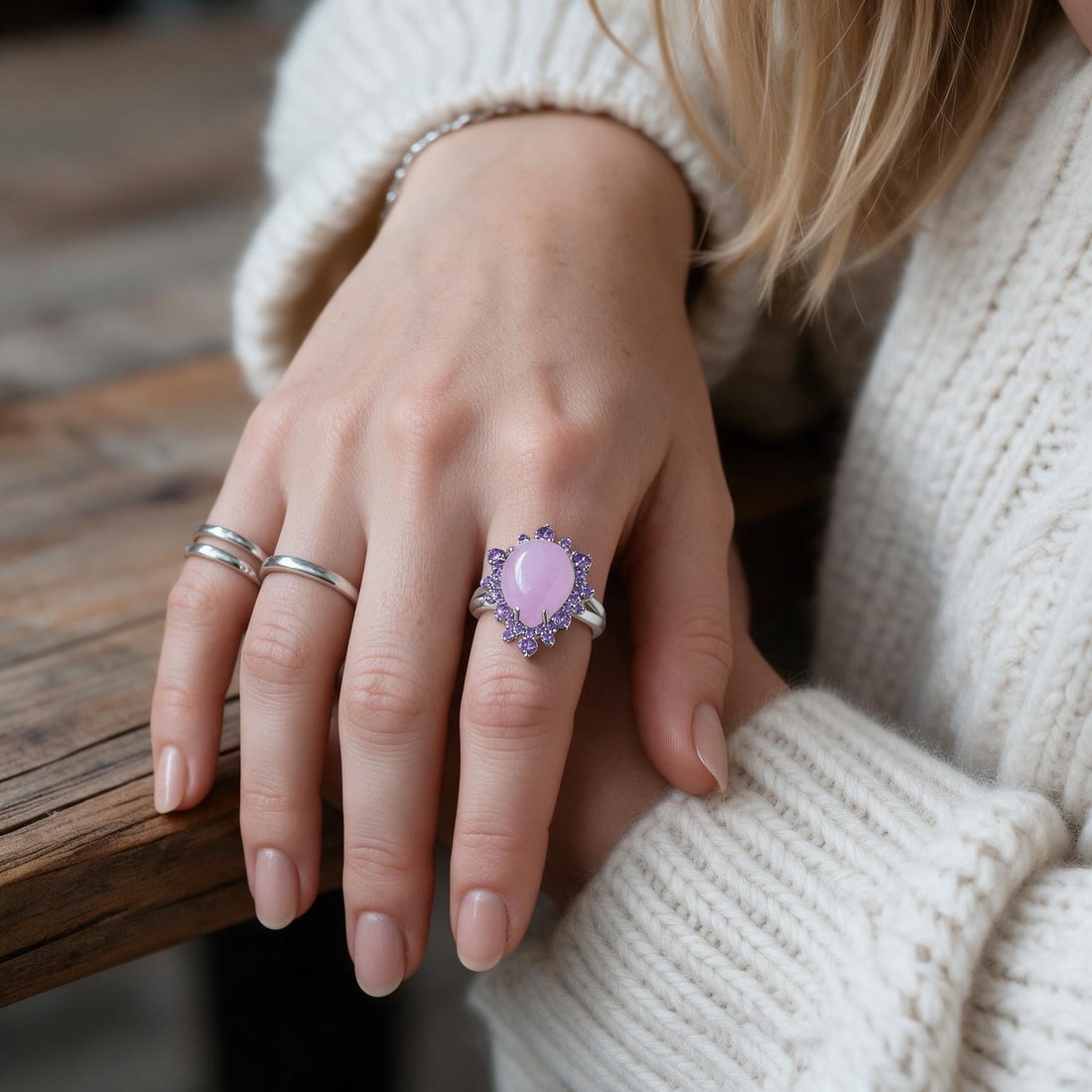 925 Sterling Silver Natural Pink Chalcedony & Amethyst Ring: Ref:260821239 // gold content:925 sterling silver // ring size:7us // // main gemstone:pink chalcedony // shape:pear // carat weight: // color:pink // treatment:natural // // adjacent gemstone 2 : ame