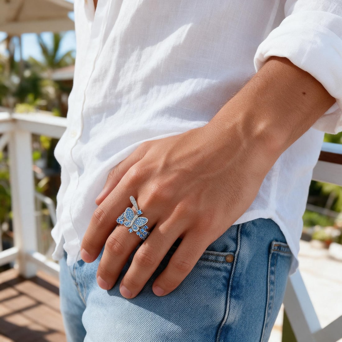 925 Sterling Silver Nano Swiss Blue & Cubic Zirconia & Butterfly Ring: Ref:260821263 // gold content:925 sterling silver // ring size:7us // // main gemstone:nano swiss blue // shape:round // carat weight: // color:blue // cut grade:g // // adjacent gemstone 2 : cubic zi