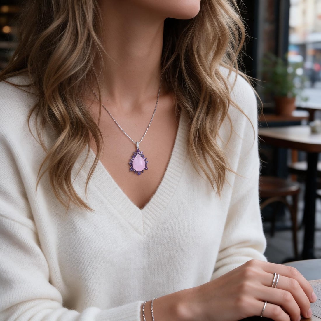 925 Sterling Silver Natural Pink Chalcedony & Amethyst Pendant( Without Chain ): Ref:260821242 // gold content:925 sterling silver // main gemstone:pink chalcedony // shape:pear // carat weight: // color:pink // treatment:natural // // adjacent gemstone 2 : amethyst // shape:round