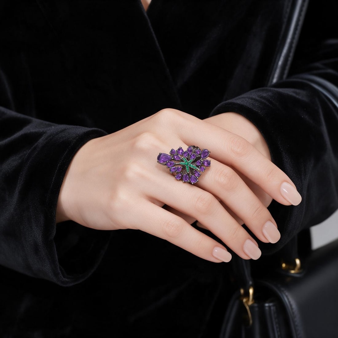 925 Sterling Silver Natural Amethyst & Nano Emerald Ring: Ref:260821269 // gold content:925 sterling silver // ring size:7us // // main gemstone:amethyst // shape:pear // carat weight: // color:purple // treatment:natural // // adjacent gemstone 2 : nano