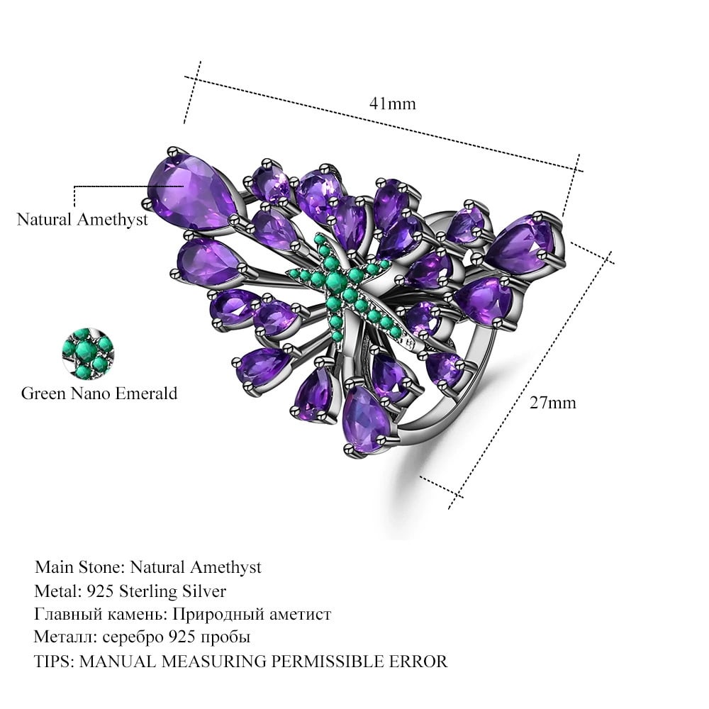 925 Sterling Silver Natural Amethyst & Nano Emerald Ring - 6