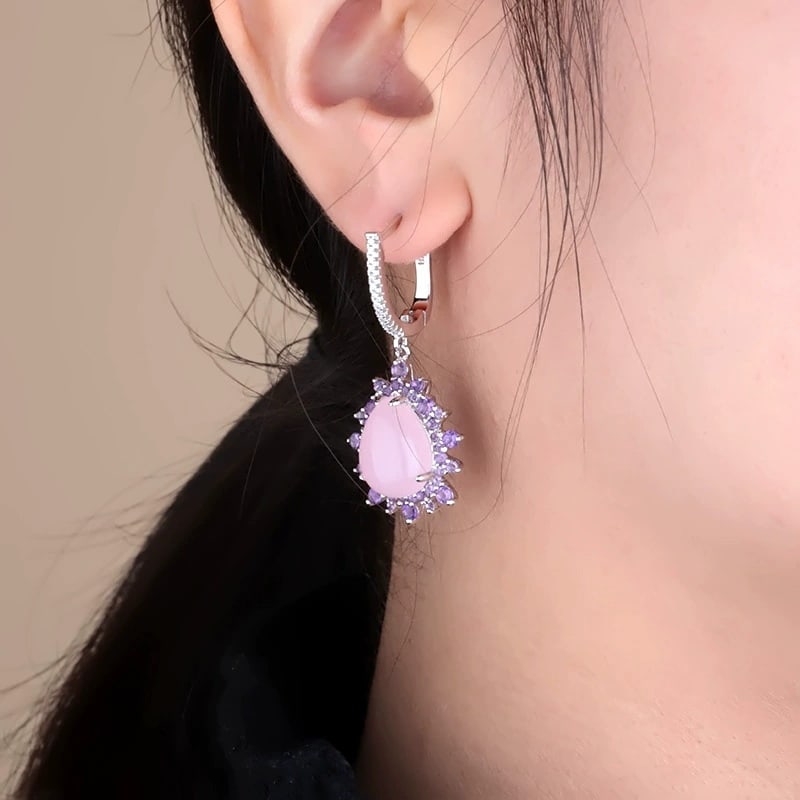 925 Sterling Silver Natural Pink Chalcedony & Amethyst Earrings - 3