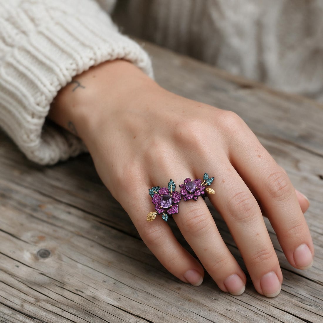 925 Sterling Silver Natural Citrine & Lab Created Ruby & Nano Emerald & Flowers Ring - 6