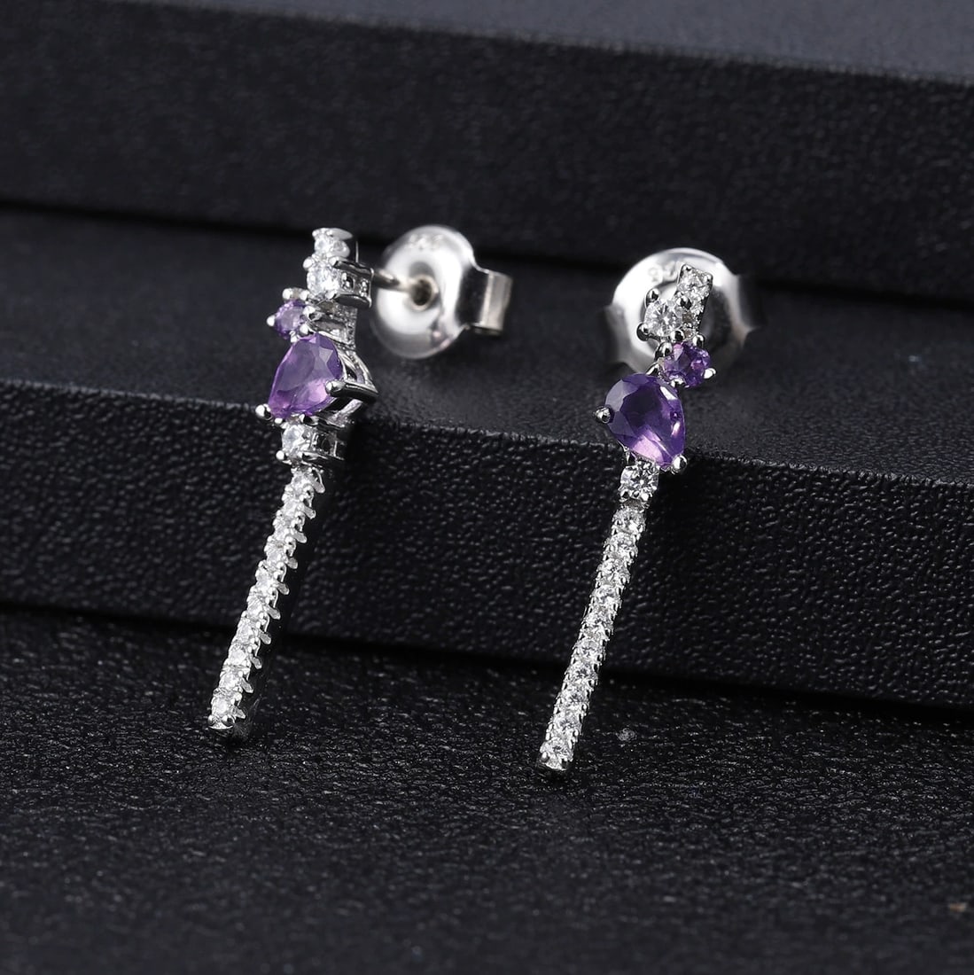925 Sterling Silver Natural Amethyst & Cubic Zirconia Earrings - 3