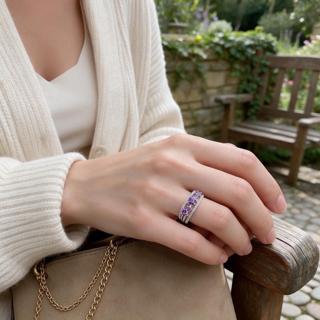 925 Sterling Silver Natural Amethyst & Cubic Zirconia Ring: Ref:260821303 // gold content:925 sterling silver // ring size:7us // // main gemstone:amethyst // shape:multiple // carat weight: // color:purple // treatment:natural // // adjacent gemstone 2 : cubi