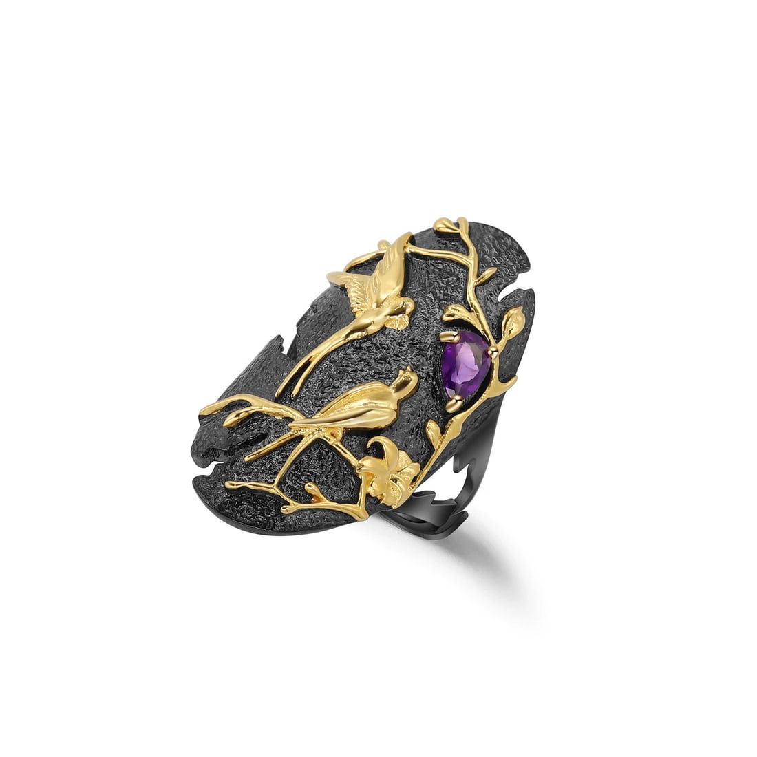 925 Sterling Silver Natural Amethyst & Bird Ring - 6