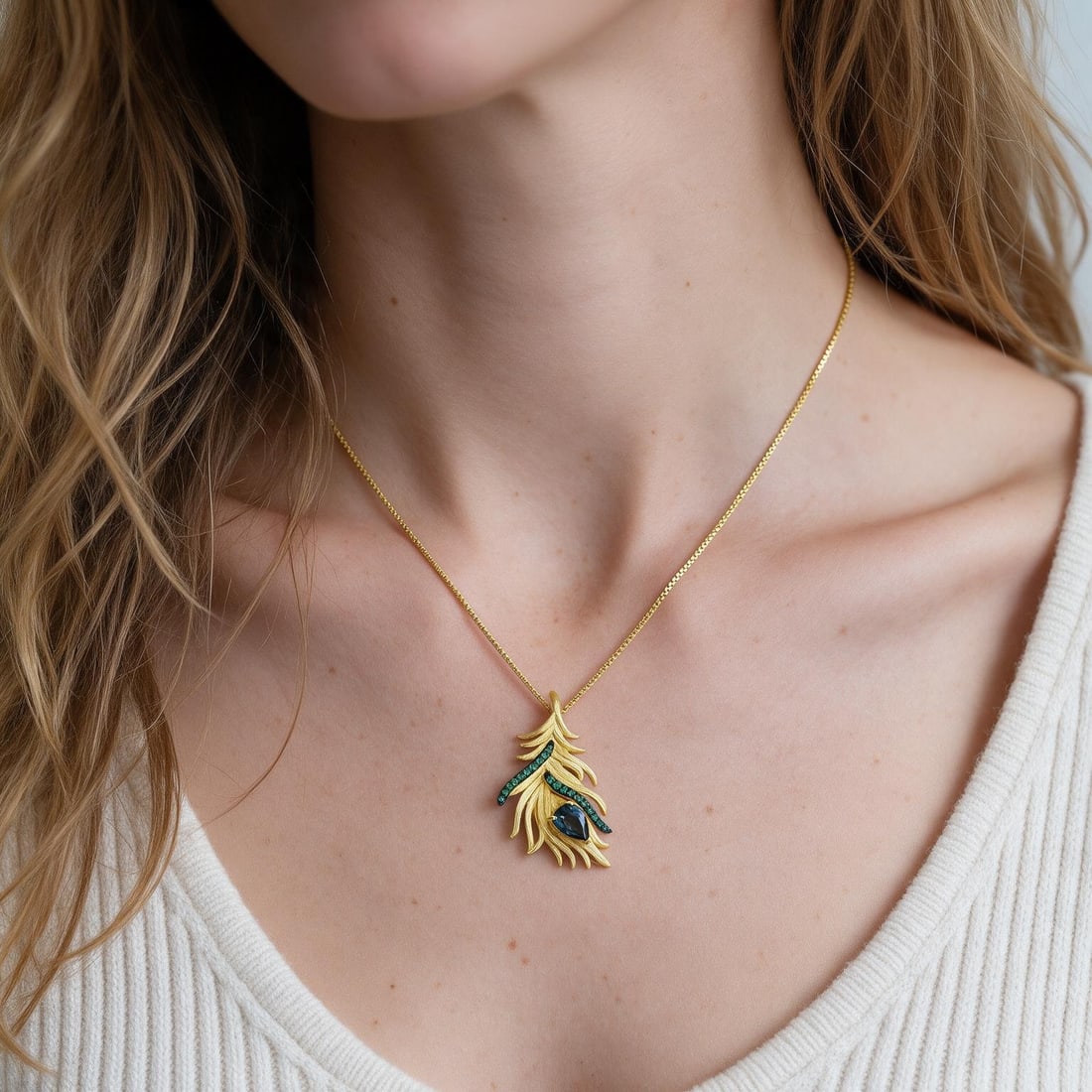 925 Sterling Silver Natural Topaz & Nano Emerald & Feather Necklace: Ref:260821323 // gold content:925 sterling silver // main gemstone:topaz // shape:pear // carat weight: // color:blue // treatment:natural // // adjacent gemstone 2 : nano emerald // shape:round // co