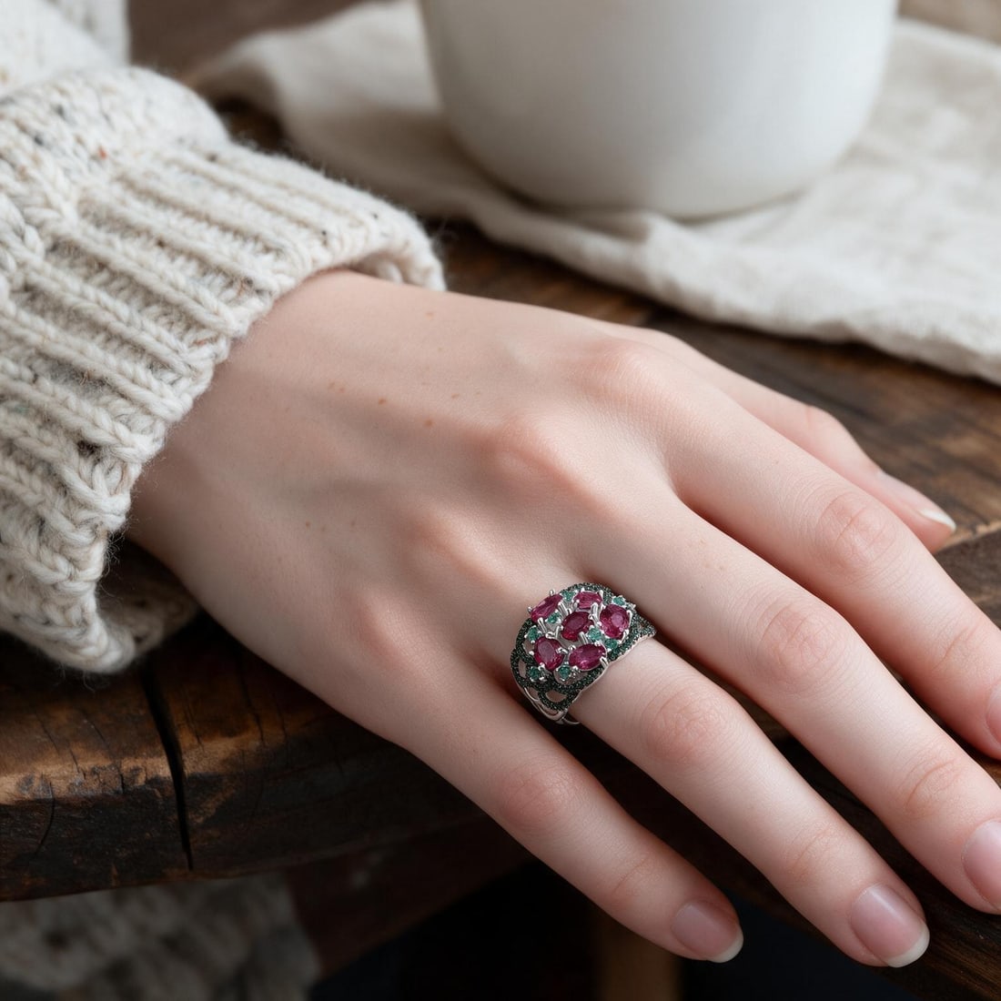 925 Sterling Silver Natural Rhodolite Garnet & Nano Emerald Ring: Ref:260821296 // gold content:925 sterling silver // ring size:7us // // main gemstone:rhodolite garnet // shape:oval // carat weight: // color:red // treatment:natural // // adjacent gemstone 2 :