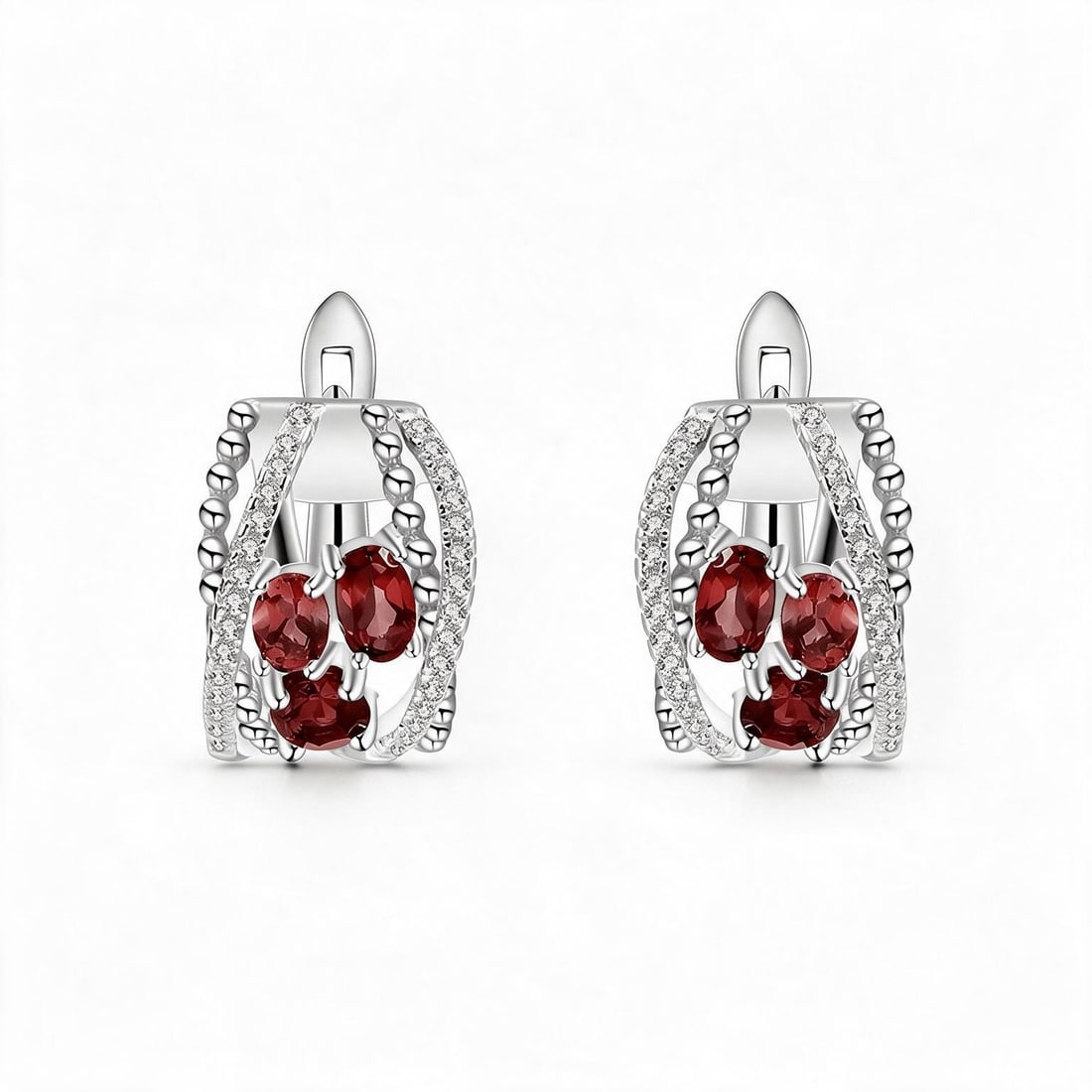 925 Sterling Silver Natural Garnet & Cubic Zirconia Earrings - 2