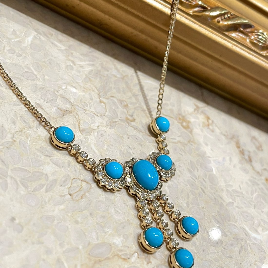 14k Gold 6 Ct Natural Turquoise & Diamond Necklace - 2
