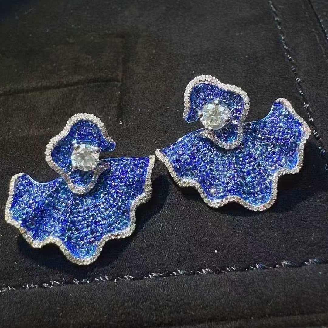 14k Gold 2 Ct Natural Sapphire & Diamond Earrings - 2